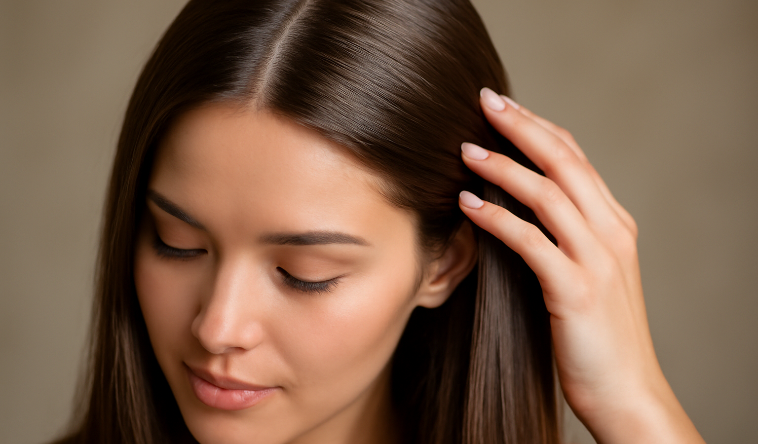 femme touchant racines cheveux brillants