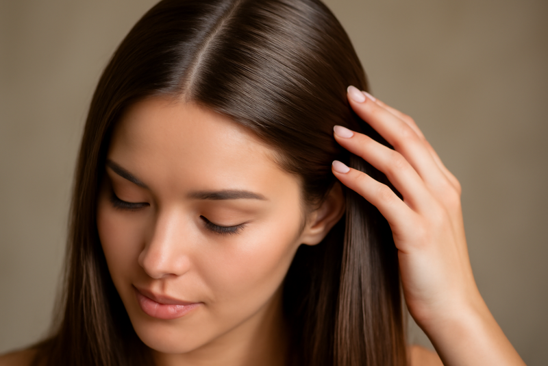 femme touchant racines cheveux brillants