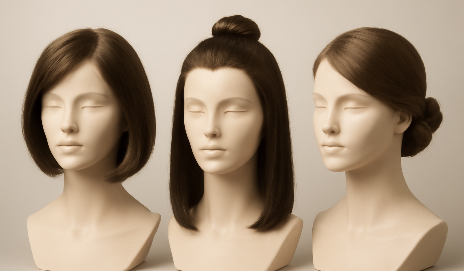 trois coiffures simples sur mannequin neutre