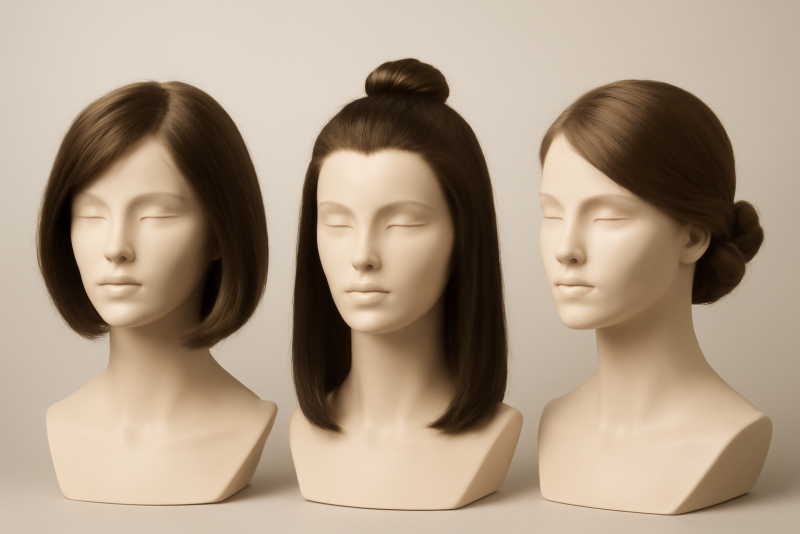 trois coiffures simples sur mannequin neutre