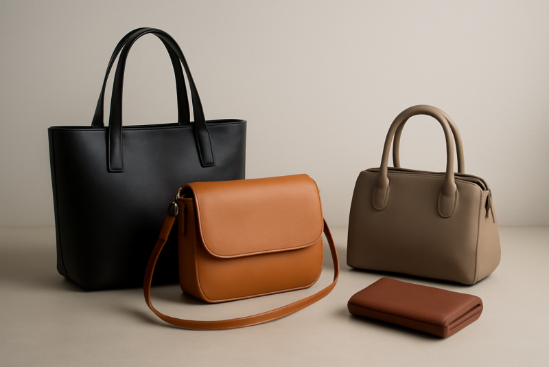 sacs et accessoires disposés sur table neutre