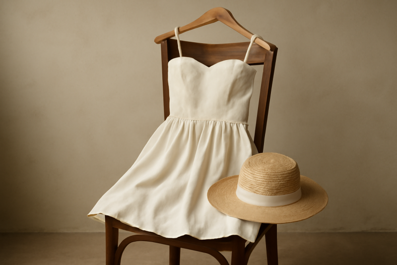 robe courte et chapeaux pose sur chaise