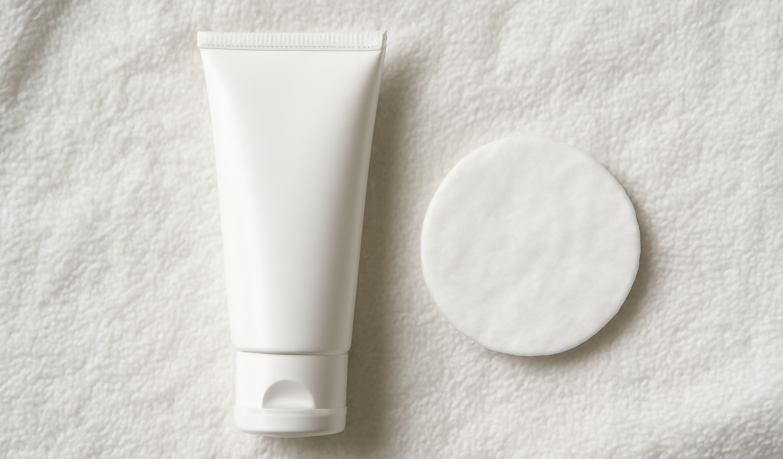 tube de creme et coton sur serviette blanche