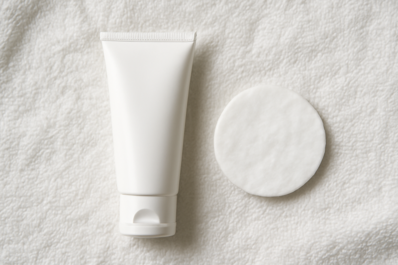 tube de creme et coton sur serviette blanche