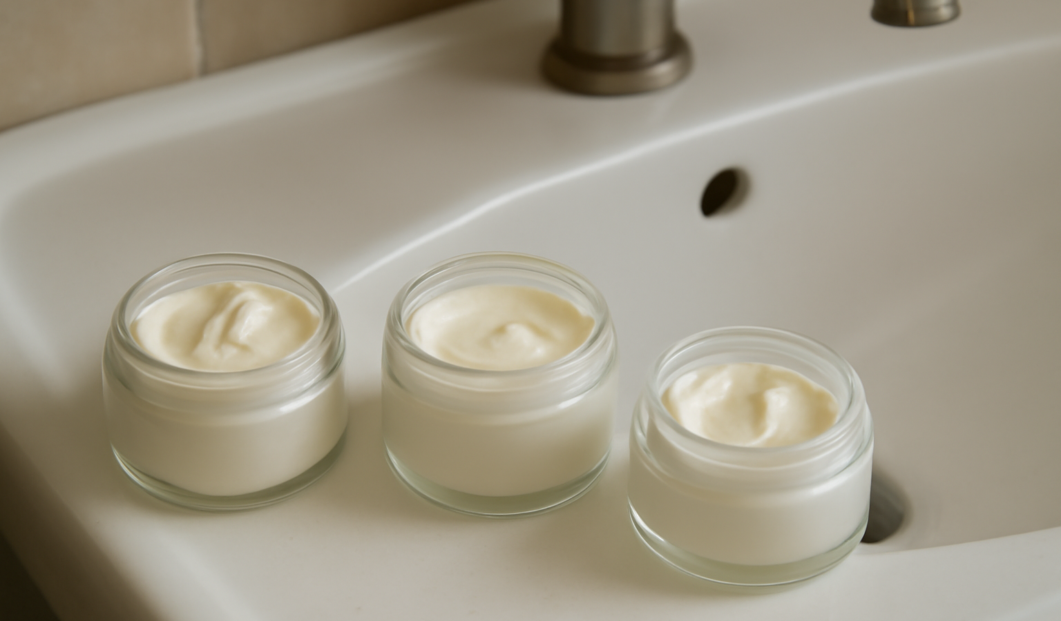 pots de crème sur bord lavabo