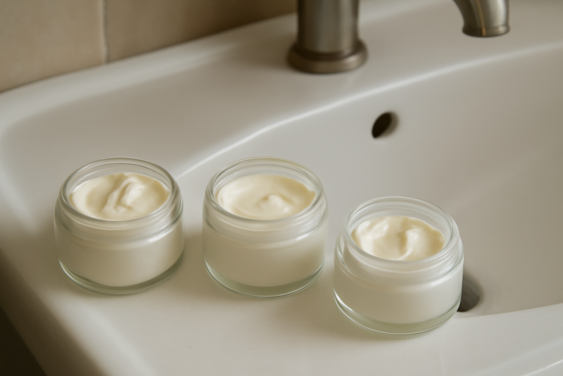 pots de crème sur bord lavabo