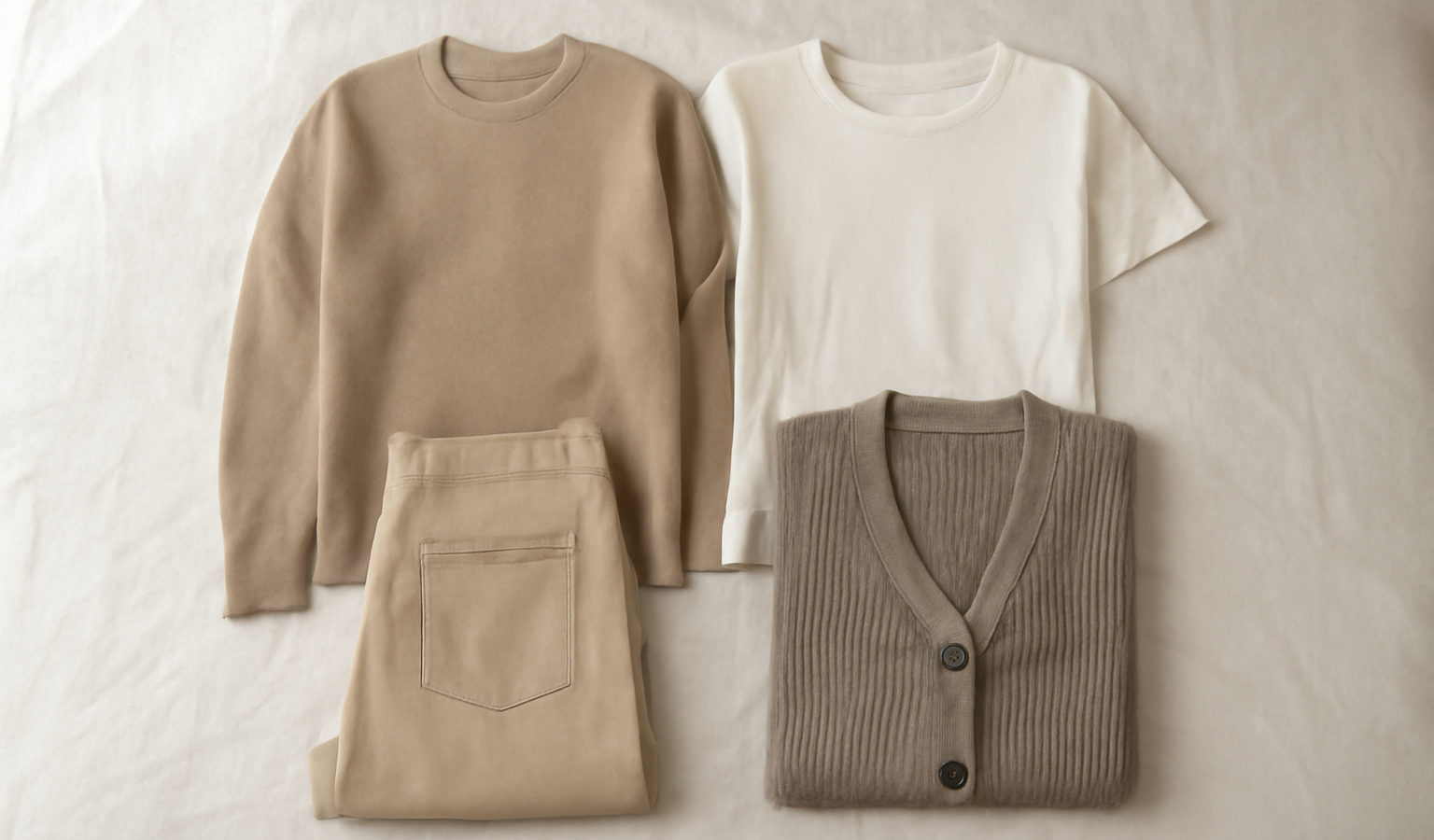 sélection de vêtements neutres sur lit ordonné