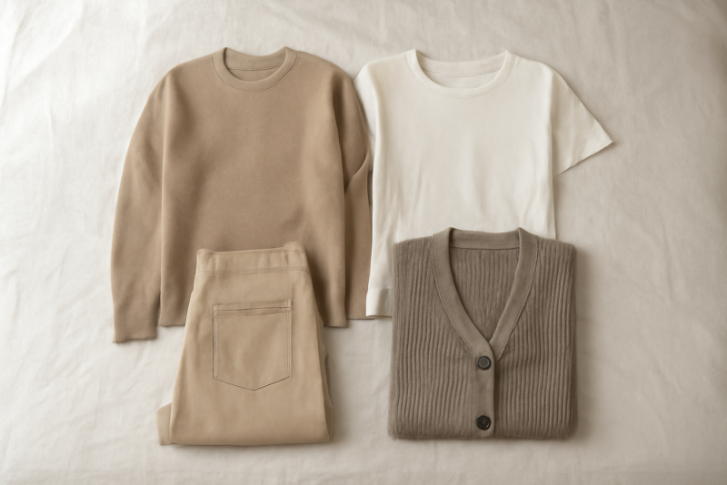 sélection de vêtements neutres sur lit ordonné