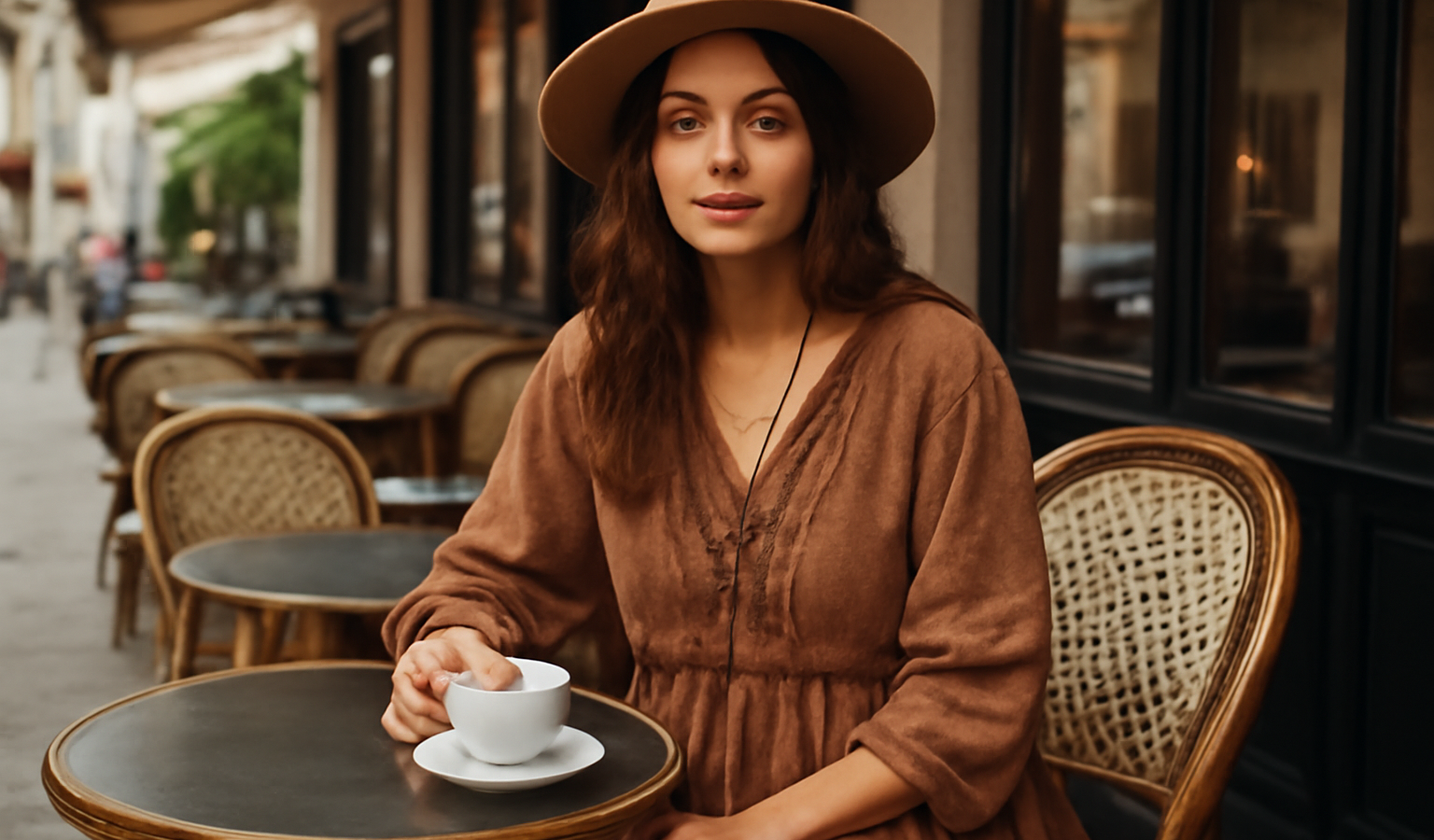 femme en tenue bohème café en terrasse
