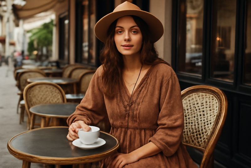 femme en tenue bohème café en terrasse