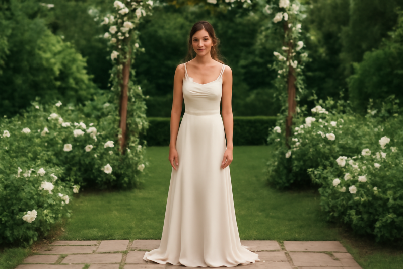 femme en robe dans jardin de cérémonie