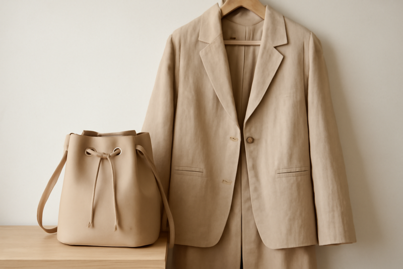 sac seau posé près d'une tenue coordonnée