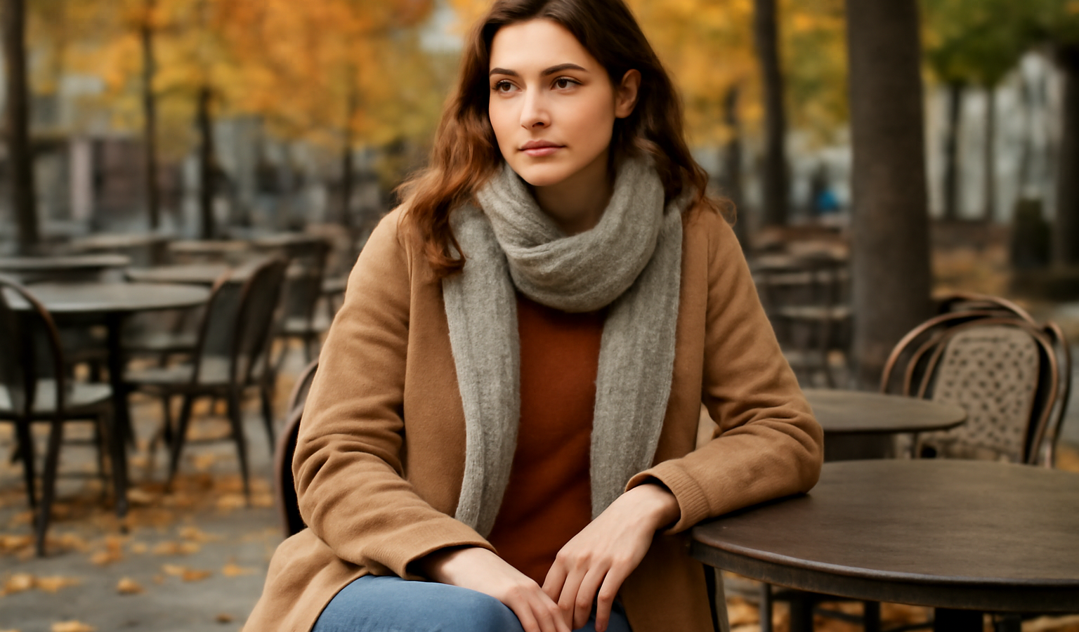 femme assise en terrasse tenue automne casual