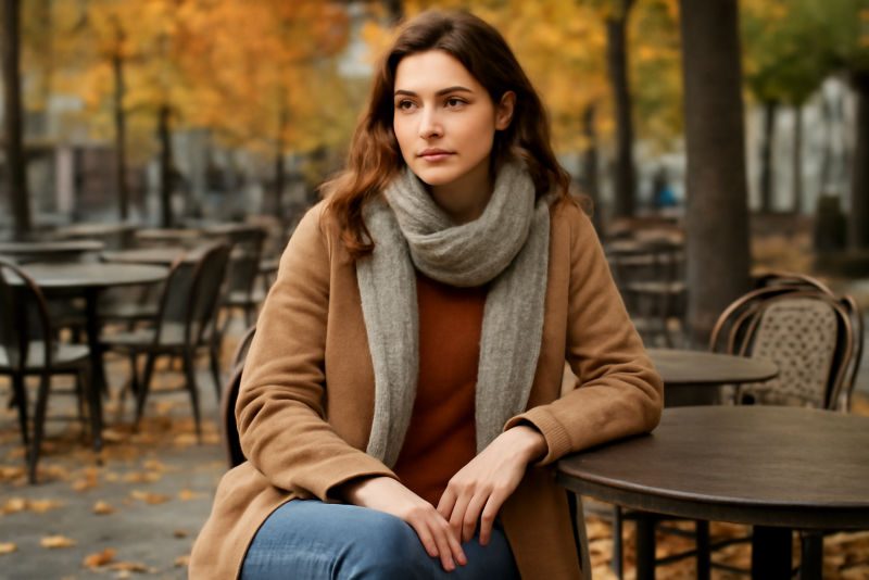 femme assise en terrasse tenue automne casual