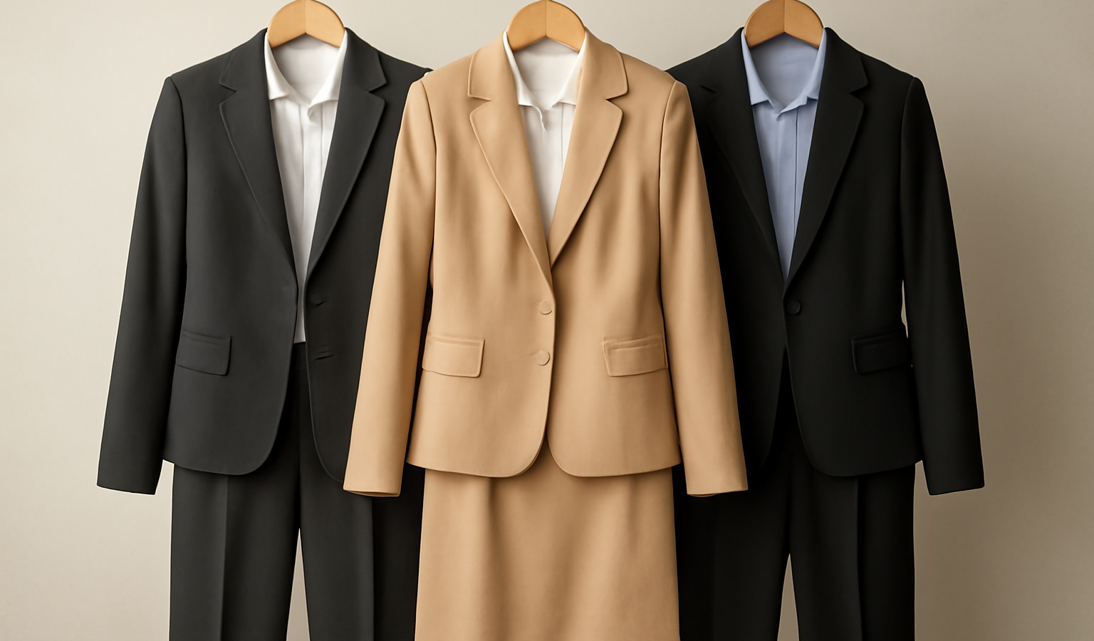 trois tenues professionnelles suspendues ensemble