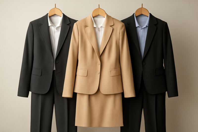 trois tenues professionnelles suspendues ensemble