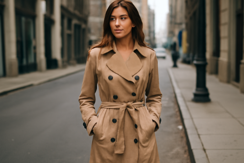 femme portant trench classique dans rue urbaine