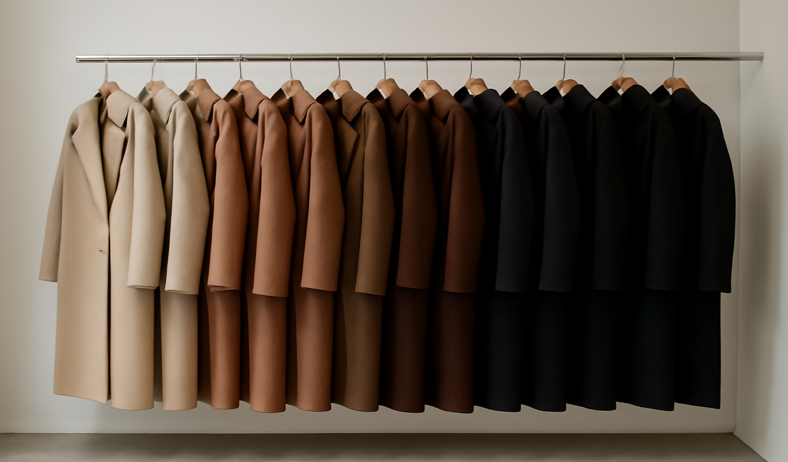manteaux disposés par couleur en boutique minimaliste
