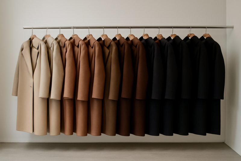 manteaux disposés par couleur en boutique minimaliste