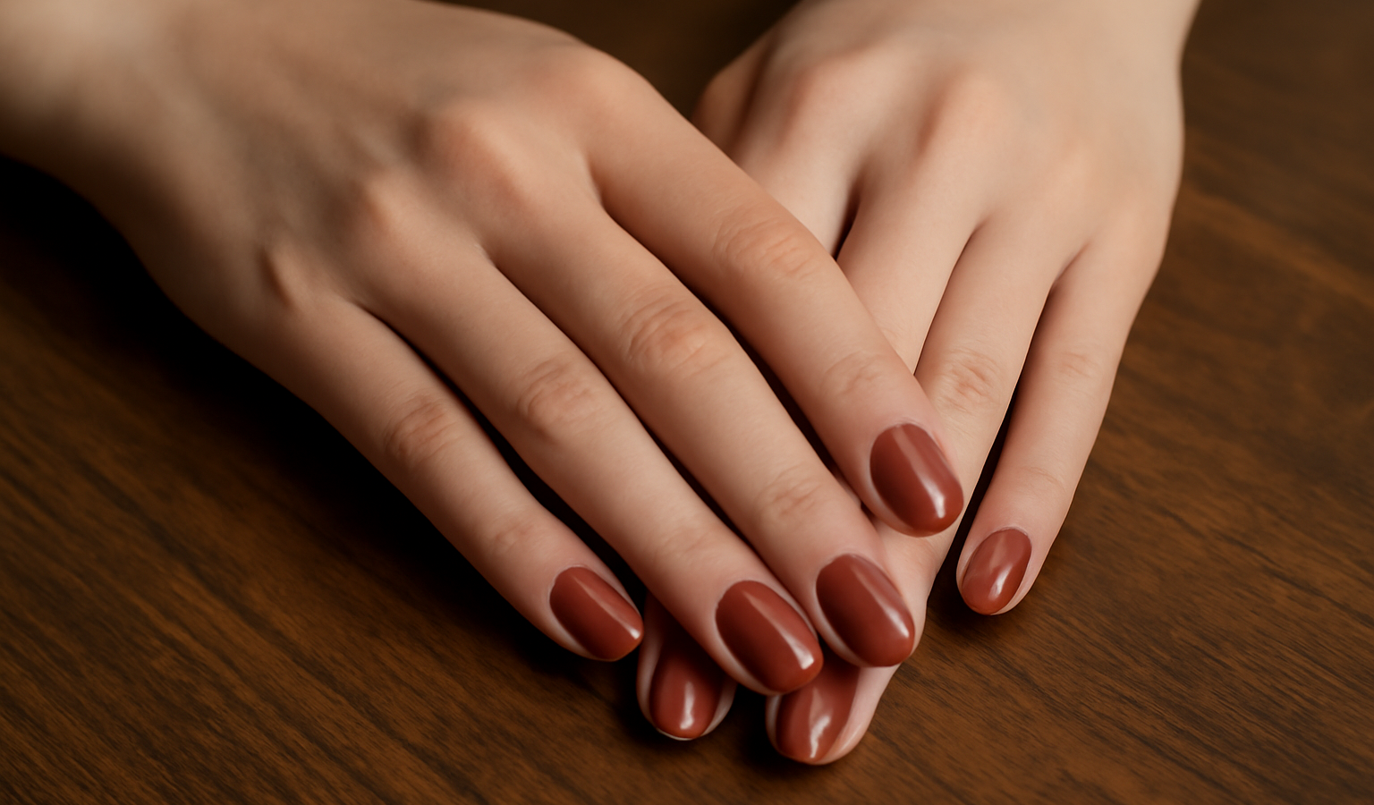 mains avec vernis couleur terre sur table bois