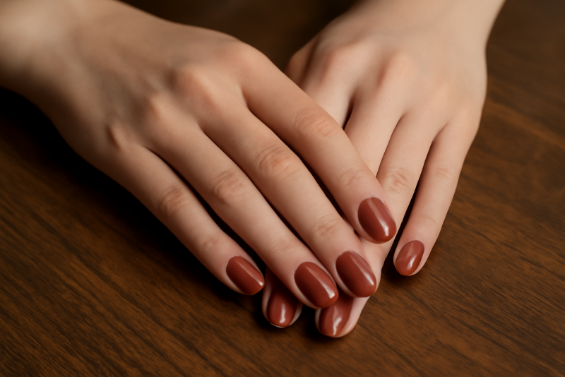 mains avec vernis couleur terre sur table bois