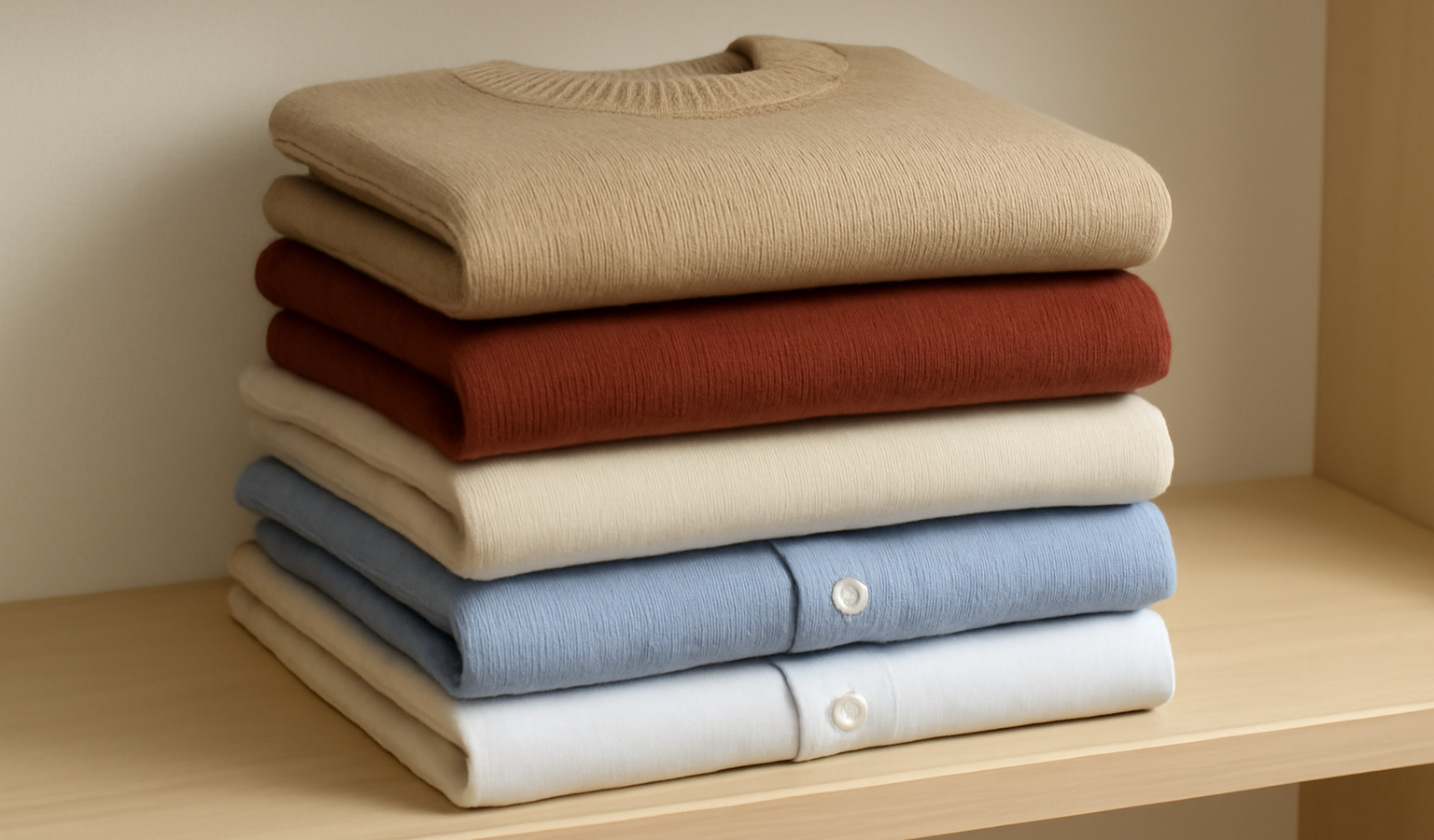 pulls et chemises pliés sur étagère claire