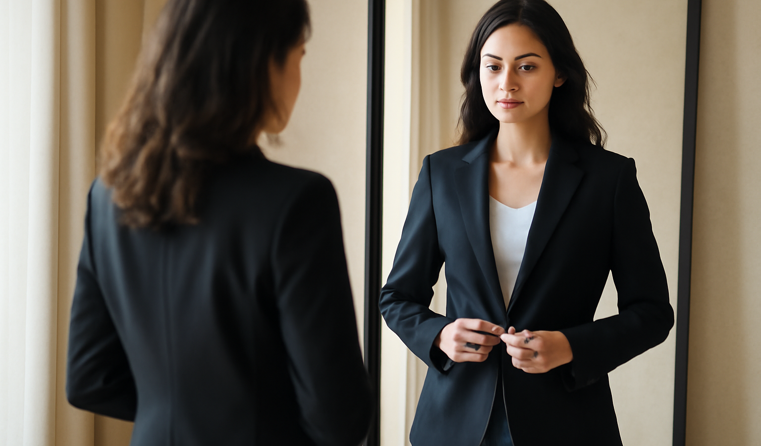 femme essayant blazer devant grand miroir