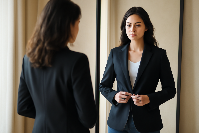 femme essayant blazer devant grand miroir