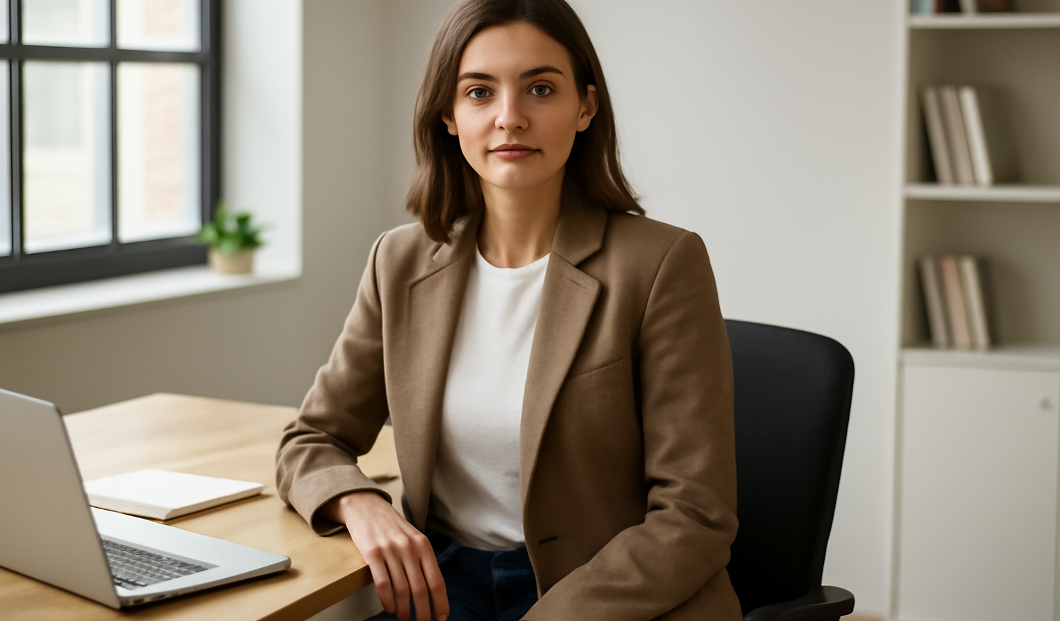 femme en blazer et jean assise au bureau