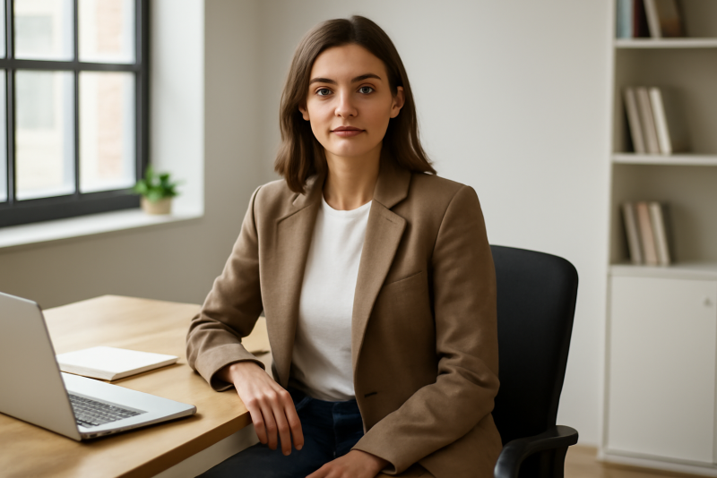 femme en blazer et jean assise au bureau