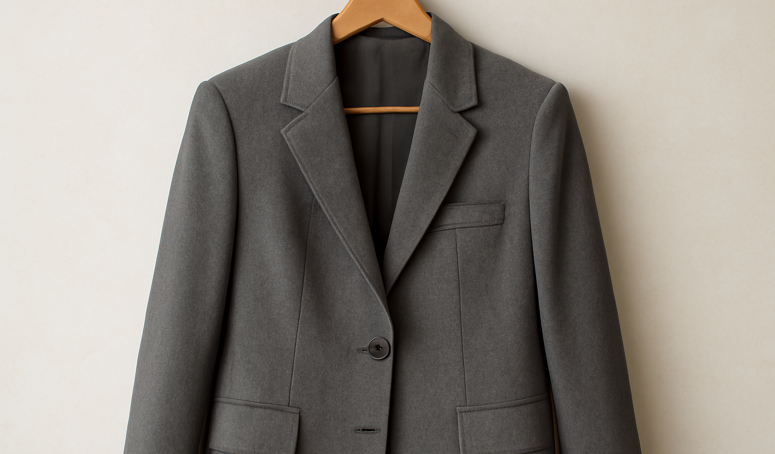 veste structurée posée sur cintre en bois
