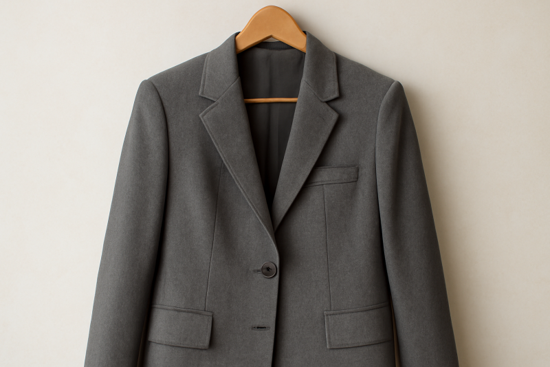 veste structurée posée sur cintre en bois