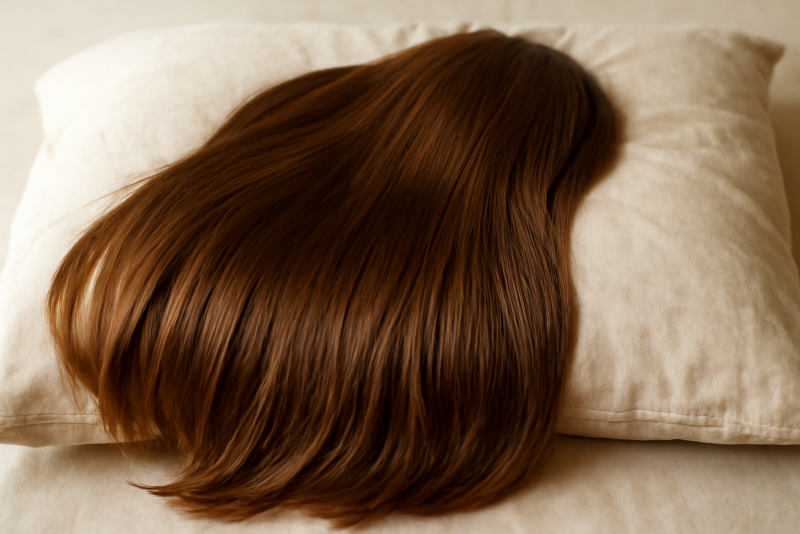 longs cheveux posés sur un coussin