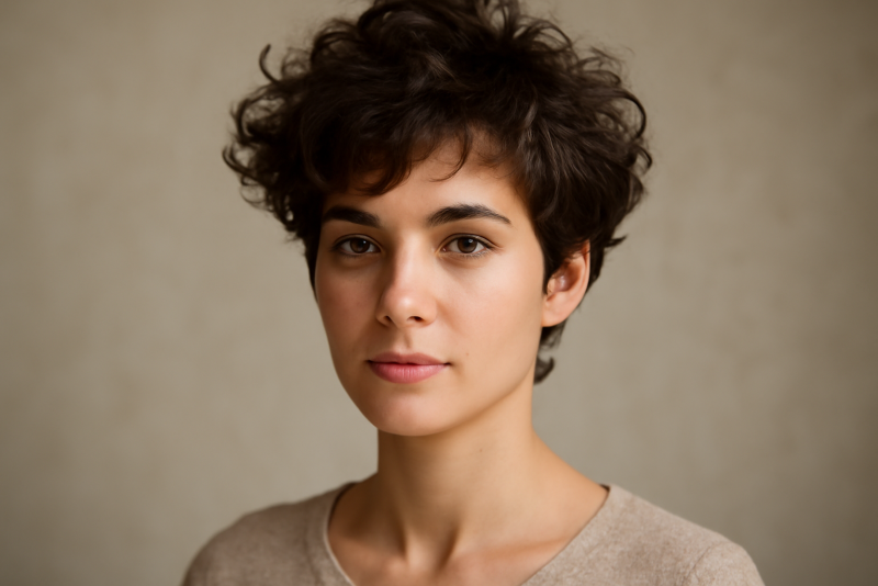 femme aux cheveux courts coiffés volumineux