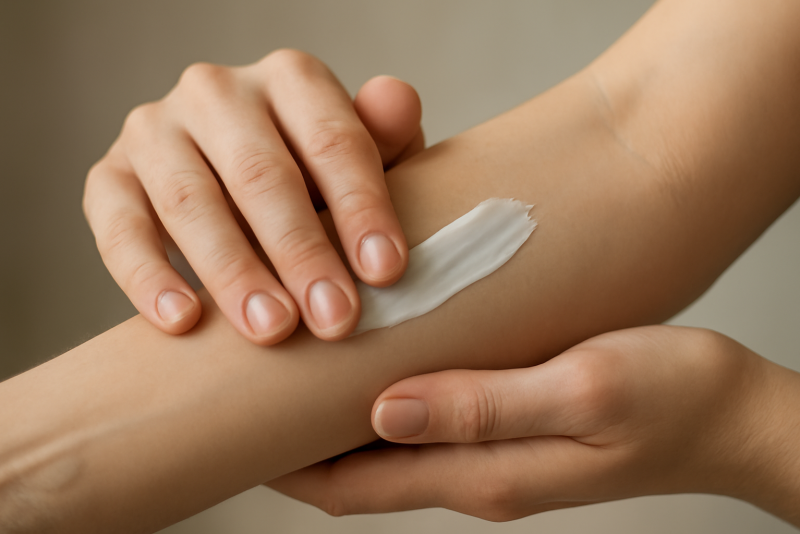 mains appliquant crème sur avant-bras