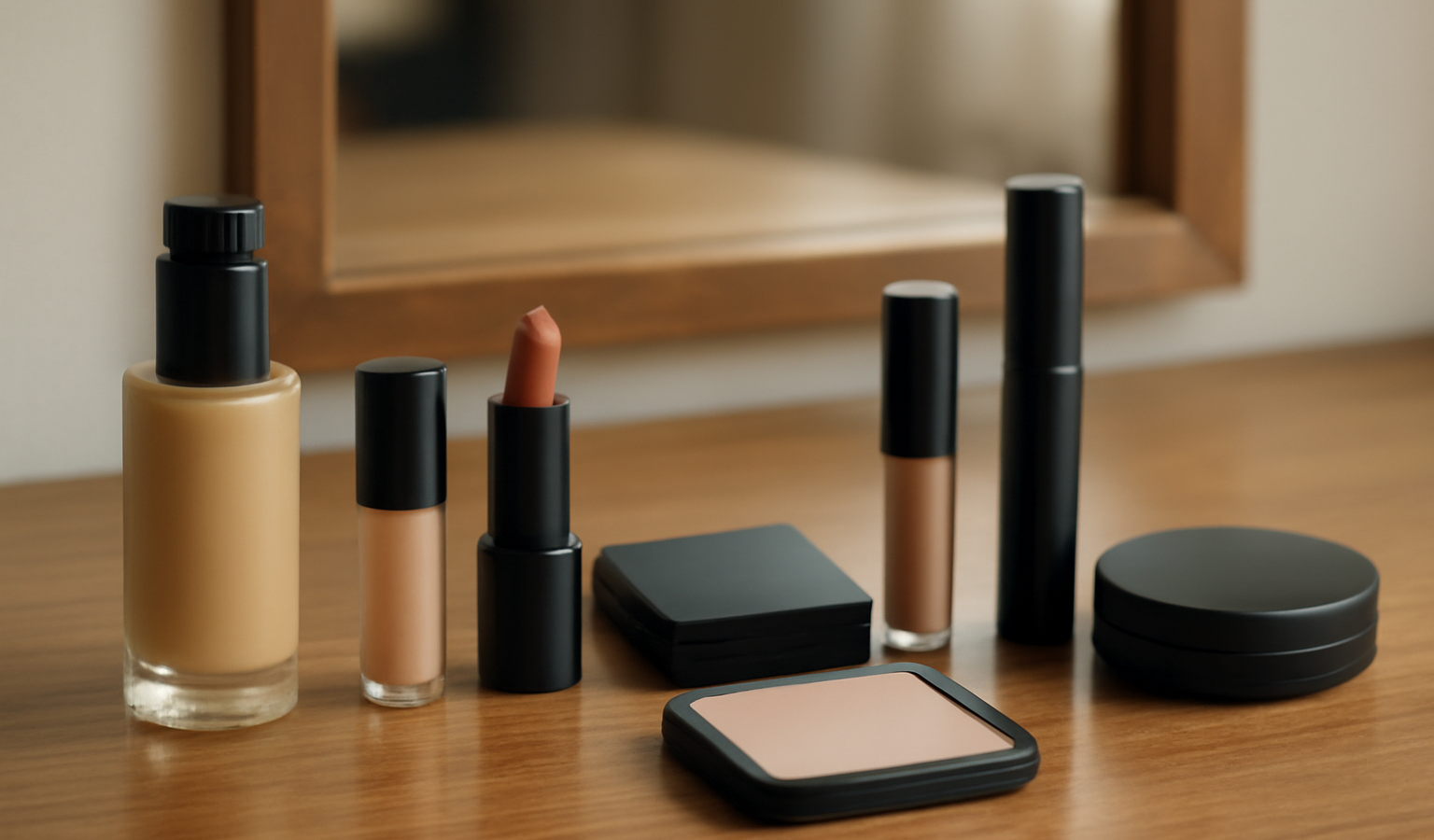 flacons de maquillage alignes sur coiffeuse