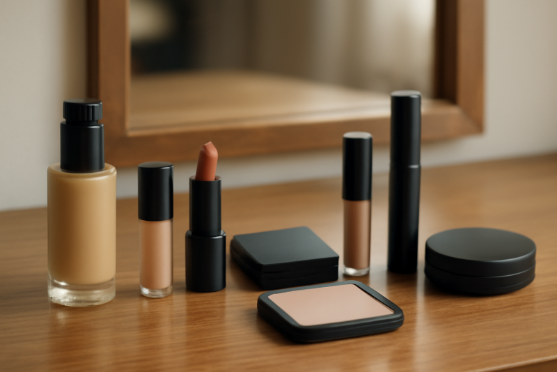 flacons de maquillage alignes sur coiffeuse