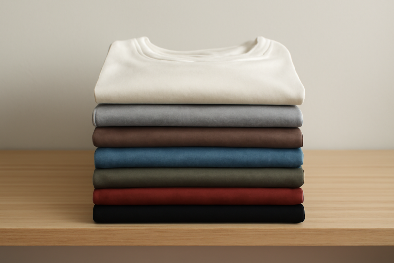 pile de t-shirts basiques plies sur etagere