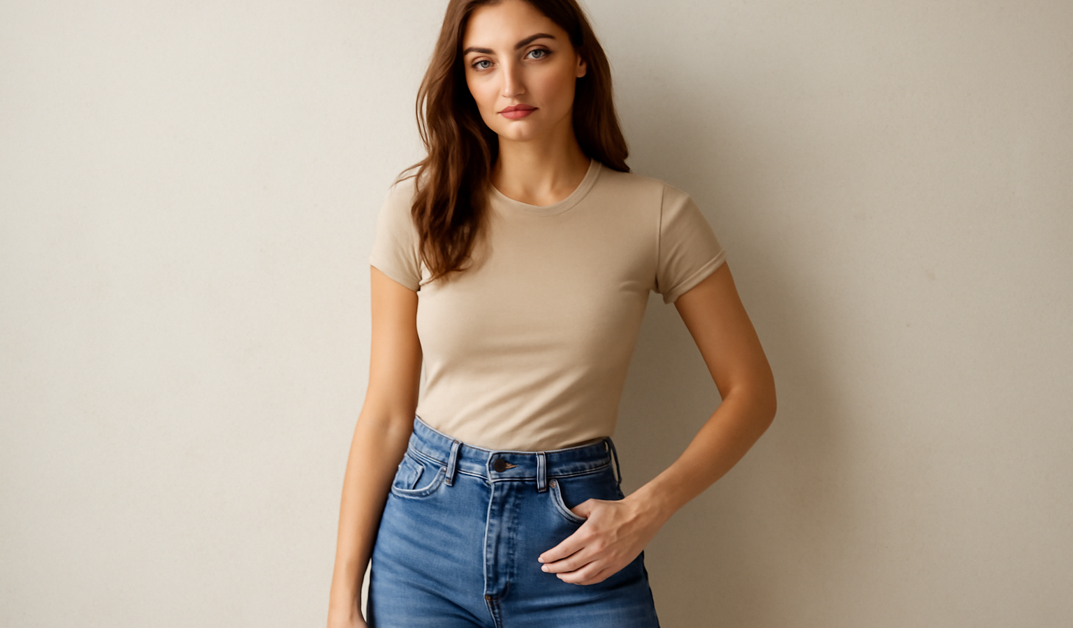 femme en jean taille haute posant