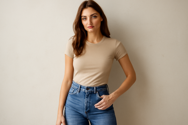 femme en jean taille haute posant