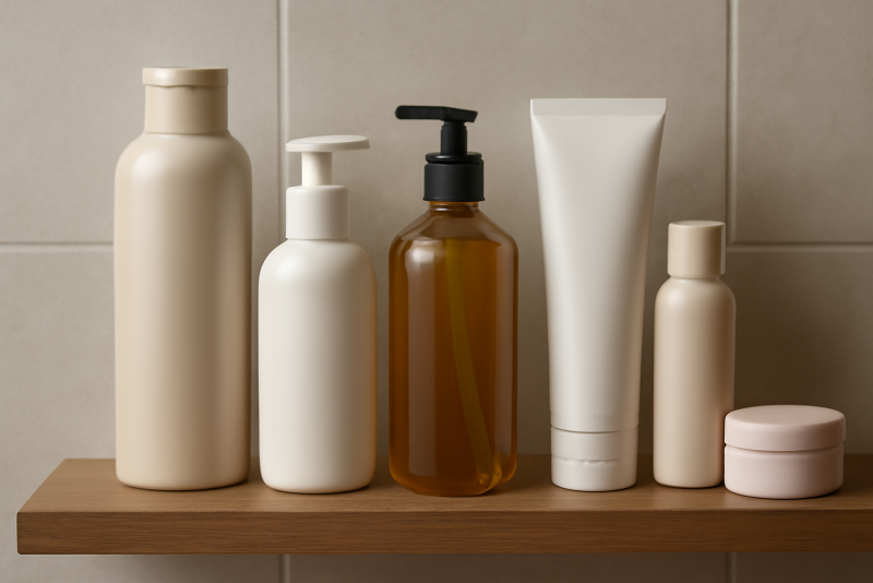 bouteilles de soin capillaire sur etagere