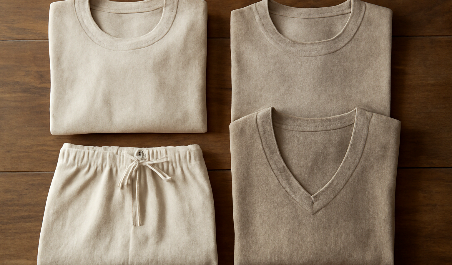 vetements en fibres naturelles poses sur table