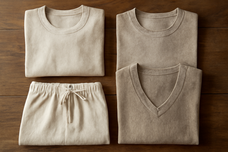 vetements en fibres naturelles poses sur table