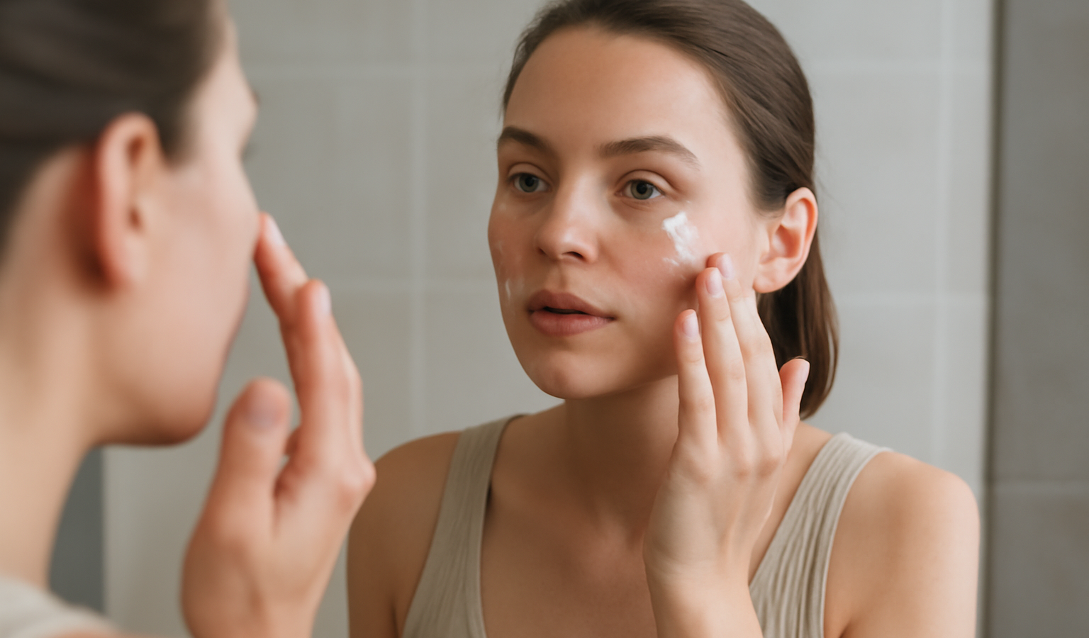 femme appliquant creme sur visage devant miroir