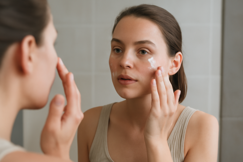 femme appliquant creme sur visage devant miroir