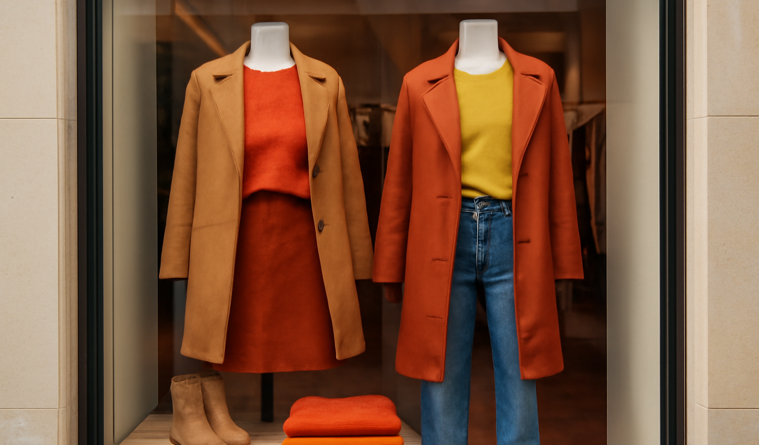 vitrine présentant vêtements aux couleurs saisonnières
