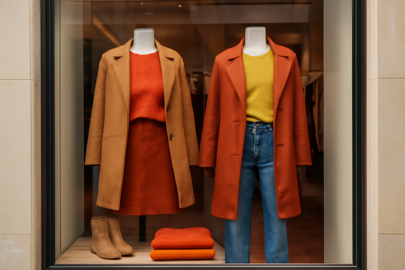 vitrine présentant vêtements aux couleurs saisonnières