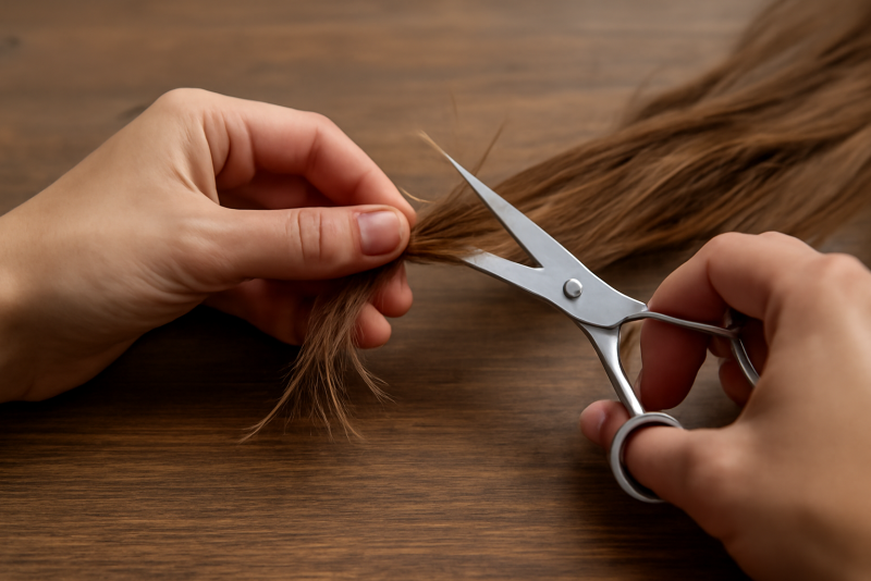 mains coupant pointes abimees sur table