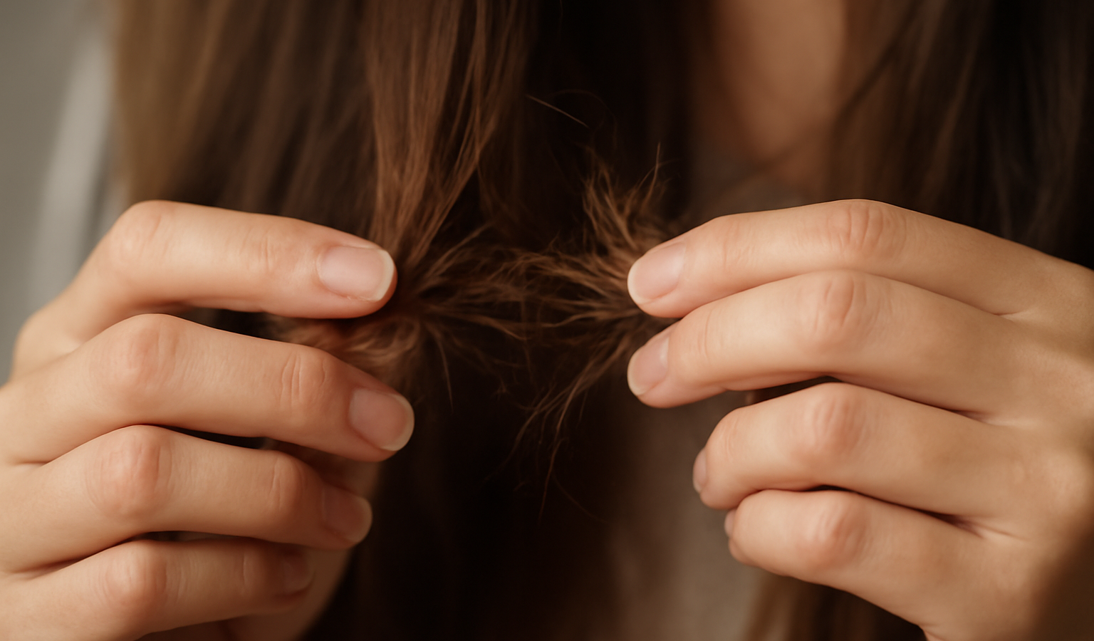 mains examinant pointes abîmées de cheveux