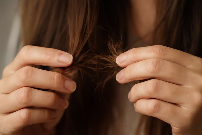 mains examinant pointes abîmées de cheveux
